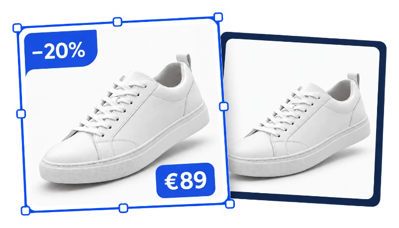 Același sneaker în două imagini pentru reclame de catalog: una cu o etichetă −20% și prețul de 89 €, alta într-un chenar bleumarin