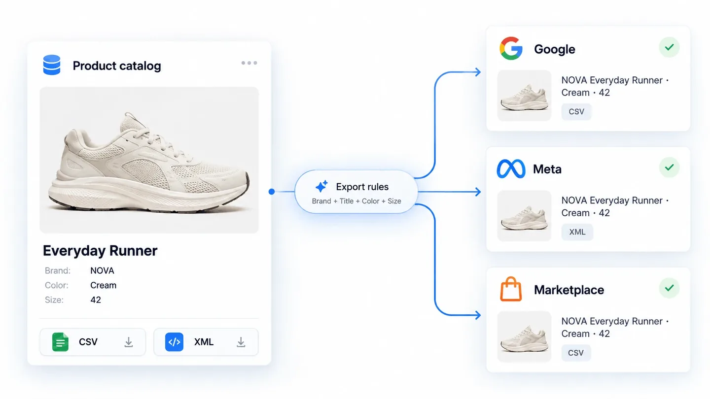 Un singur catalog de produse cu fișiere CSV și XML și reguli de export care combină brandul, titlul, culoarea și mărimea, trimis ca feeduri către Google, Meta și un marketplace