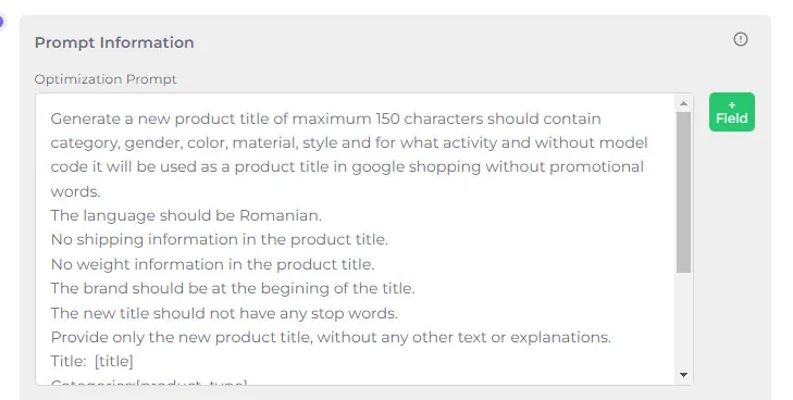 Prompt de optimizare în ProductXL care cere un titlu Google Shopping de cel mult 150 de caractere, în română, cu brandul la început și fără cuvinte promoționale